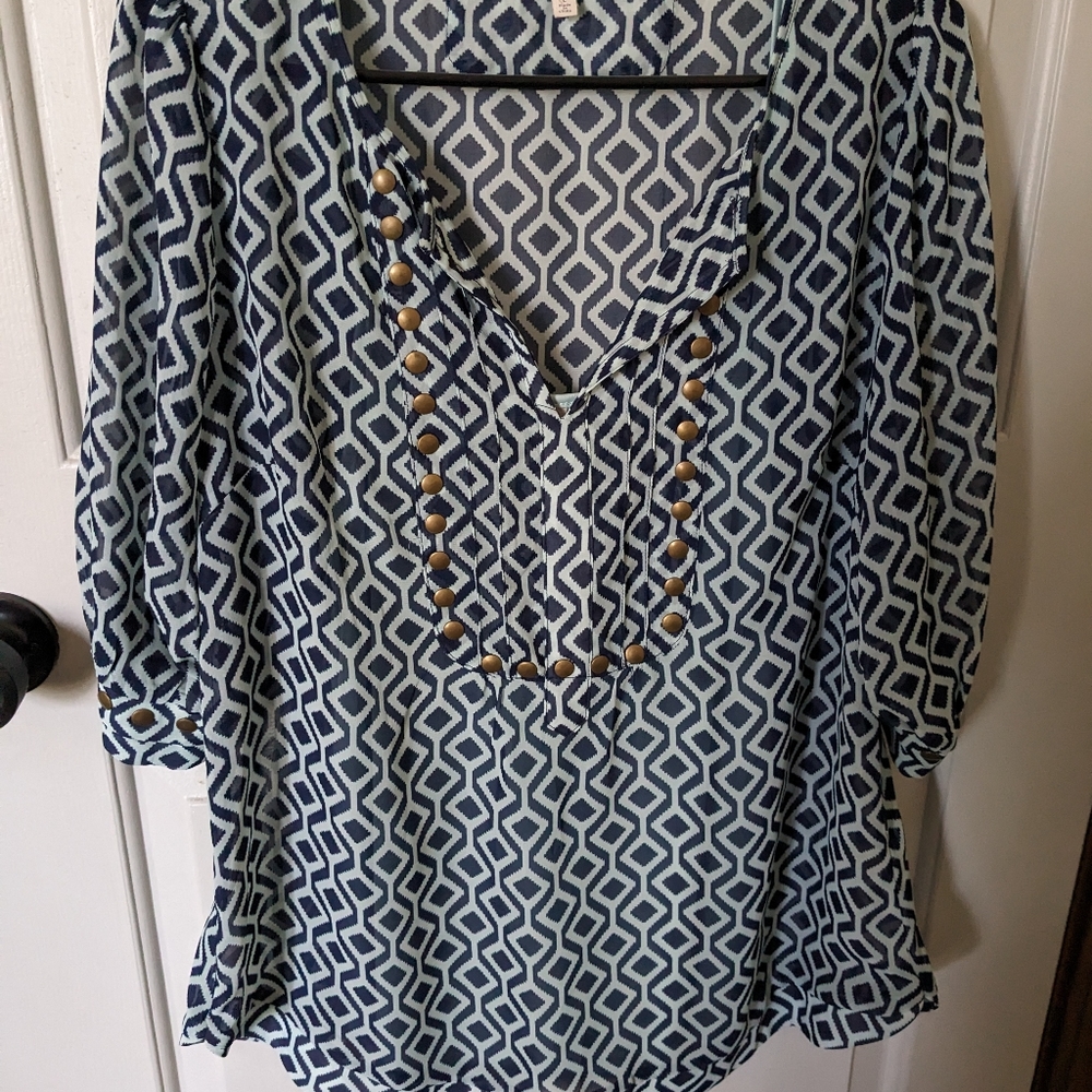 📦Bundle for$5! 41Hawthorn navy mint sheer patt blouse w camisole lining sz L